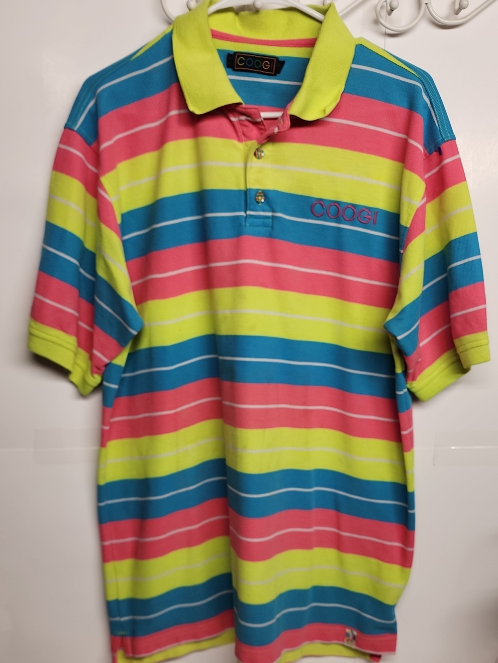 COOGI Neon Stripe Polo in Yellow, Pink, Blue XL